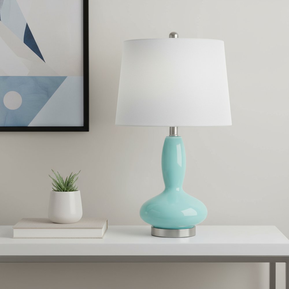 24" Light Blue And Silver Glass And Metal Novelty Table Lamp With White Drum Shade