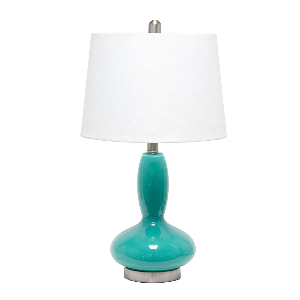 24" Teal Blue And Silver Glass And Metal Novelty Table Lamp With White Drum Shade