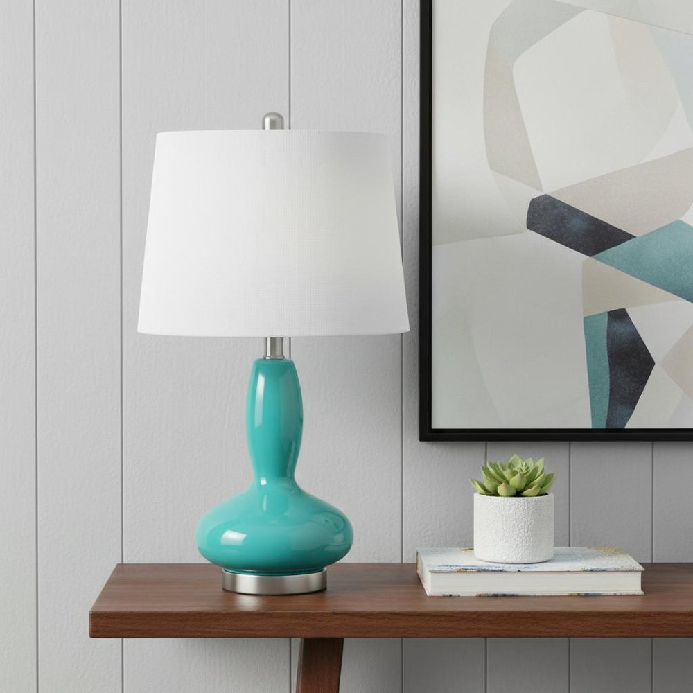 24" Teal Blue And Silver Glass And Metal Novelty Table Lamp With White Drum Shade