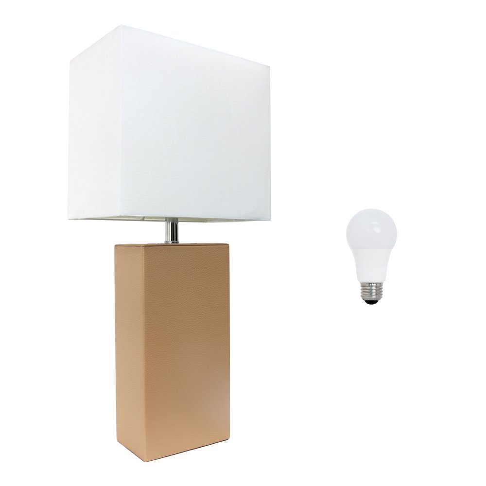 21" Beige Faux Leather Table Lamp LED With White Shade