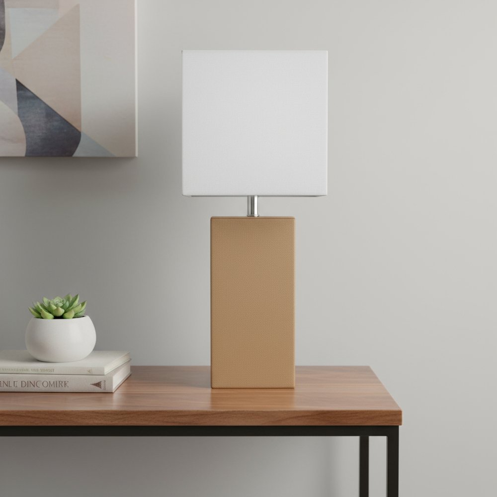 21" Beige Faux Leather Table Lamp LED With White Shade