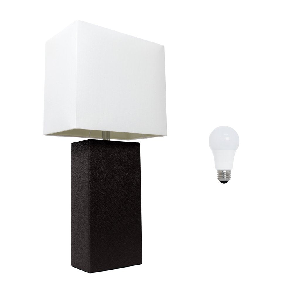 21" Black Faux Leather Table Lamp LED With White Shade
