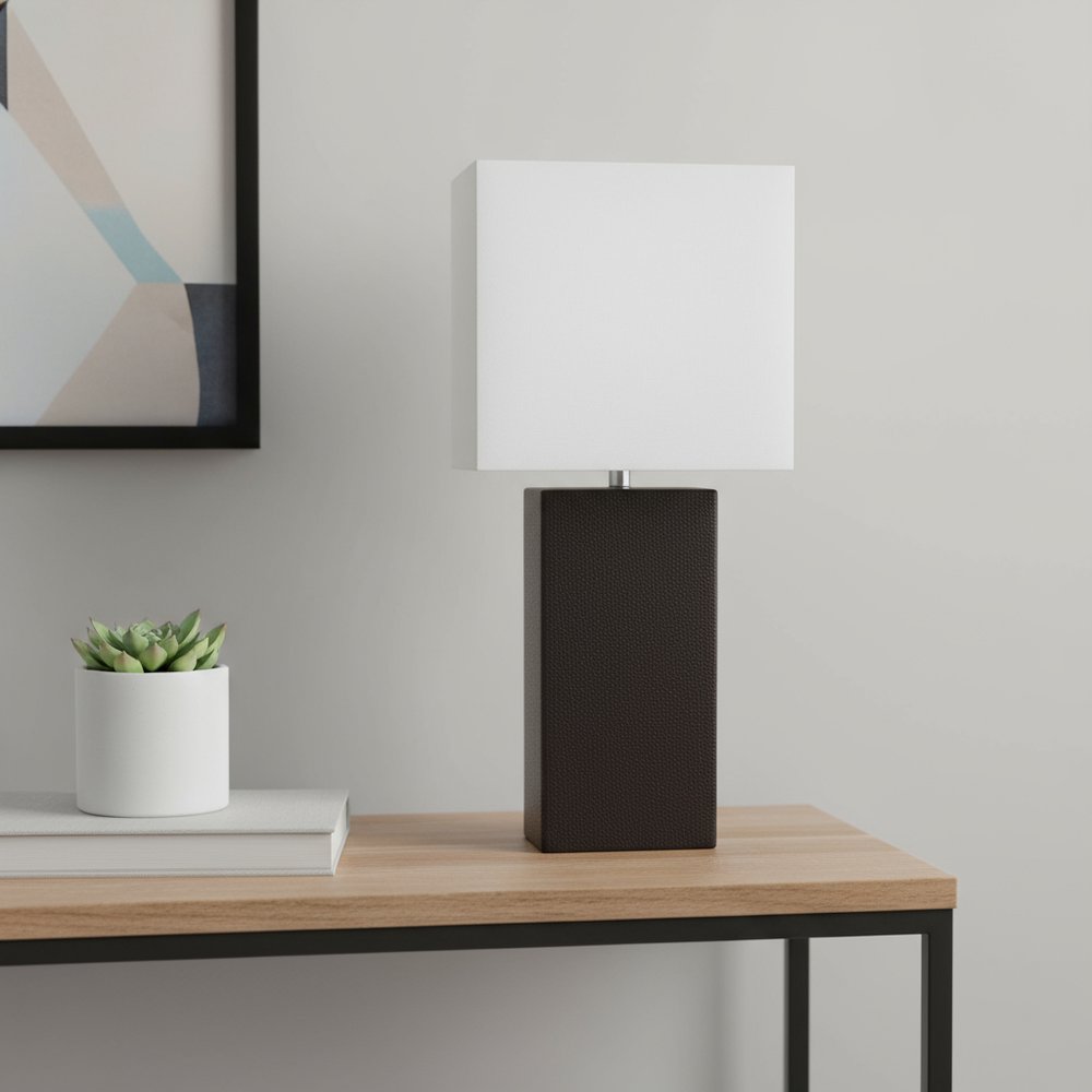 21" Black Faux Leather Table Lamp LED With White Shade