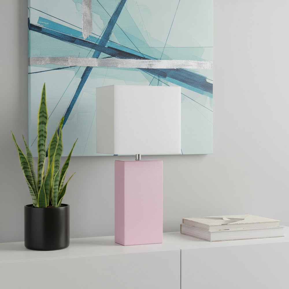 21" Blush Faux Leather Table Lamp LED With White Shade
