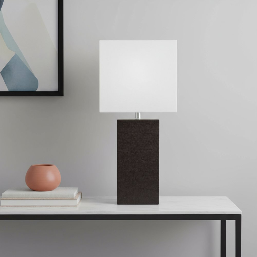21" Espresso Faux Leather Table Lamp LED With White Shade