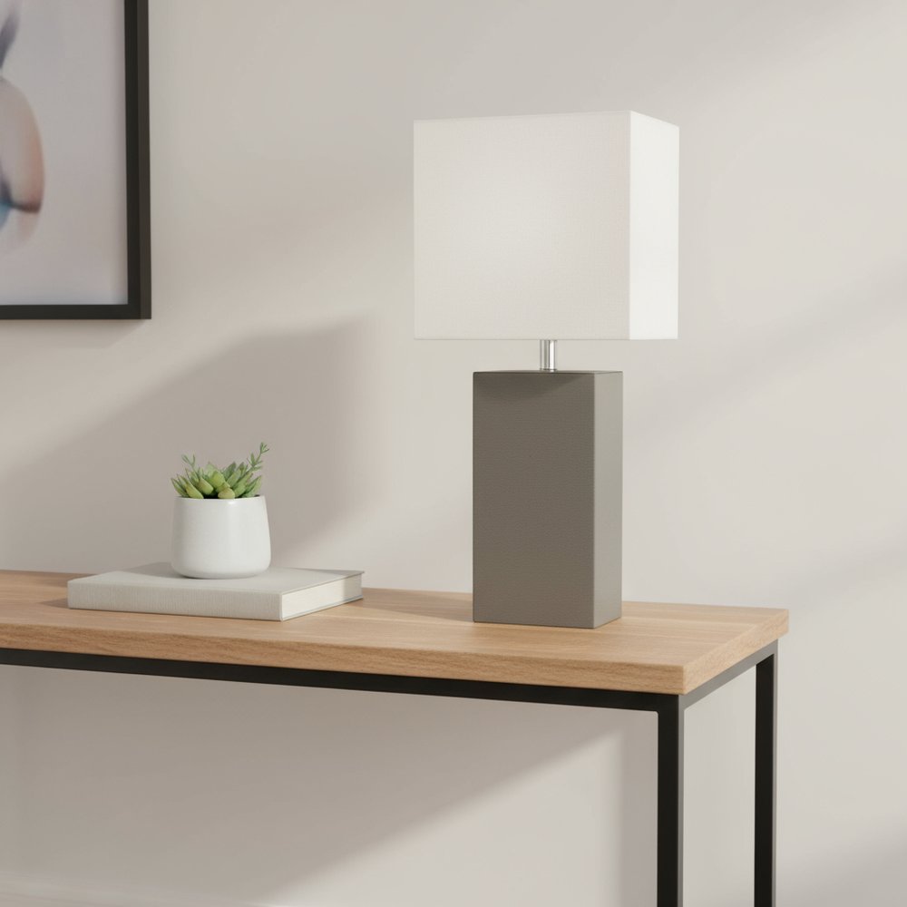 21" Gray Faux Leather Table Lamp LED With White Shade