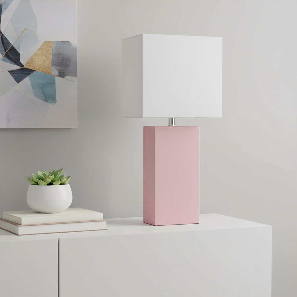 21" Pink Faux Leather Table Lamp With White Shade