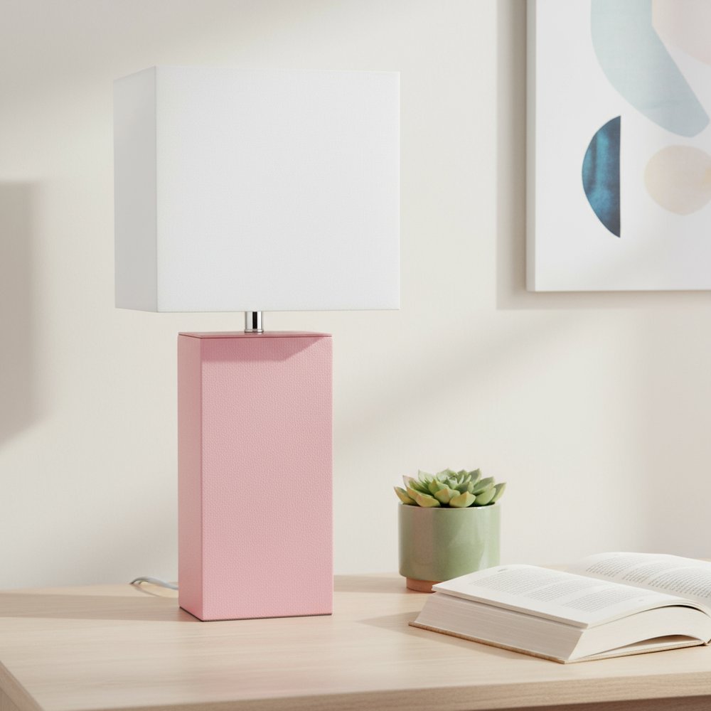 21" Pink Faux Leather Table Lamp LED With White Shade