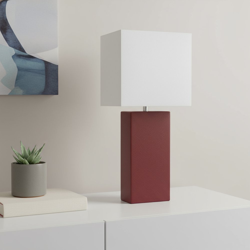 21" Red Faux Leather Table Lamp LED With White Shade