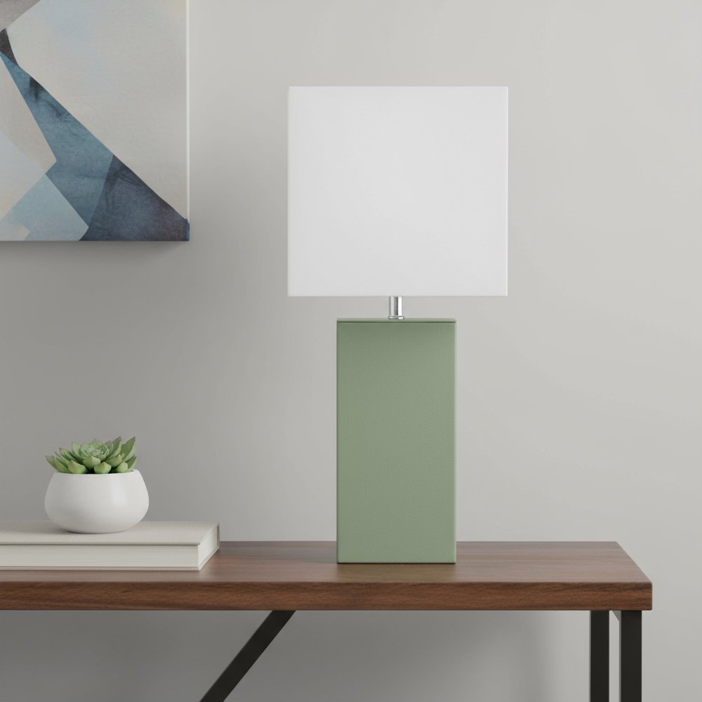 21" Sage Faux Leather Table Lamp With White Shade