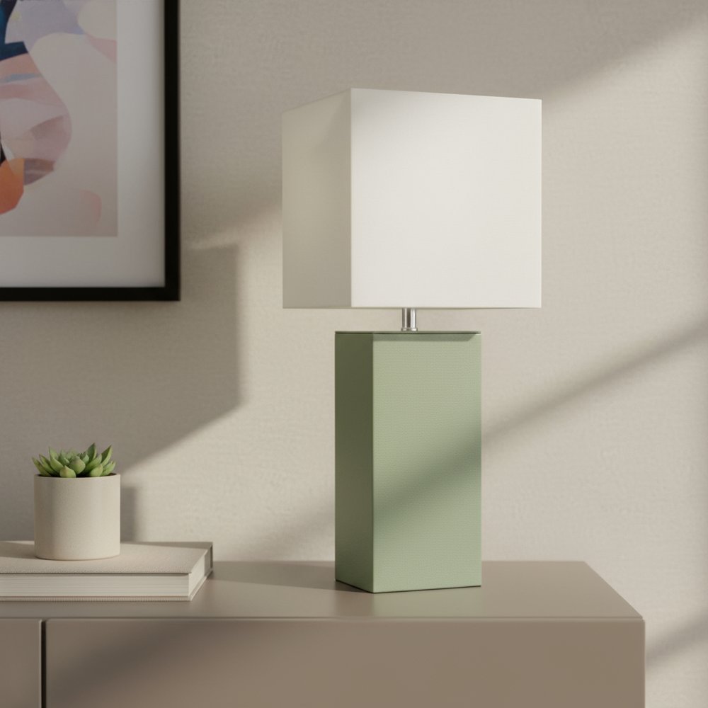 21" Sage Faux Leather Table Lamp LED With White Shade