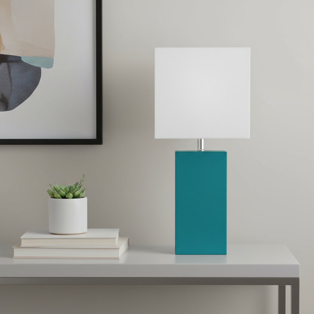 21" Teal Blue Faux Leather Table Lamp LED With White Shade