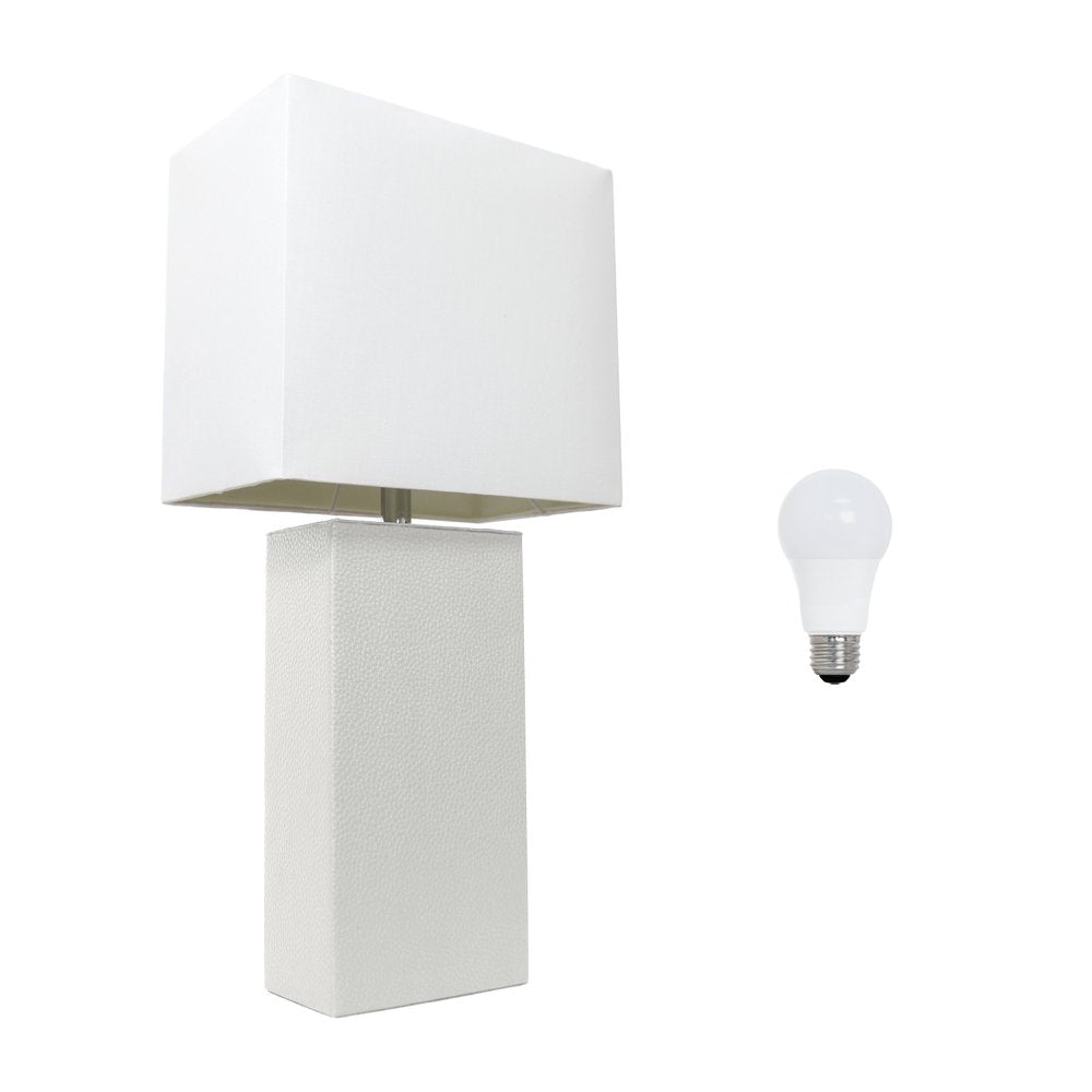 21" White Faux Leather Table Lamp LED With White Shade