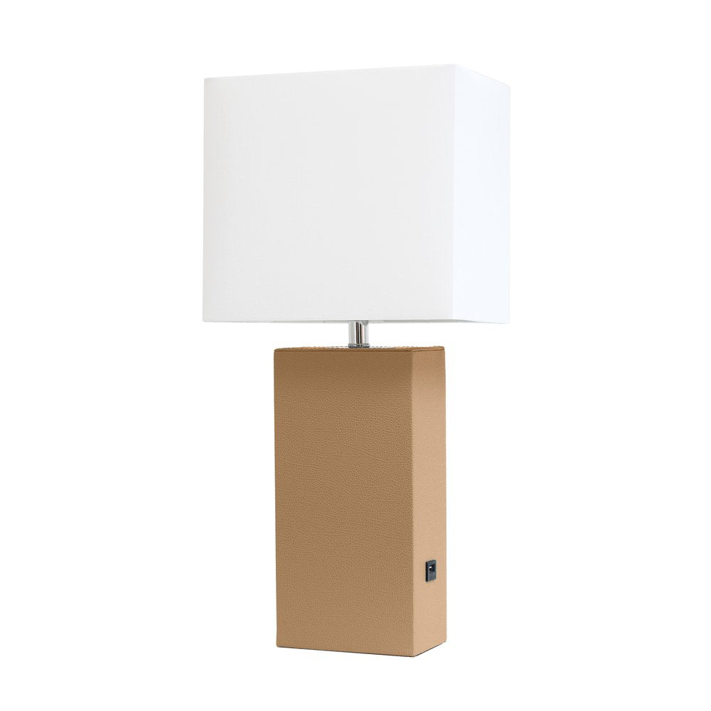 21" Beige Faux Leather USB Table Lamp With White Shade