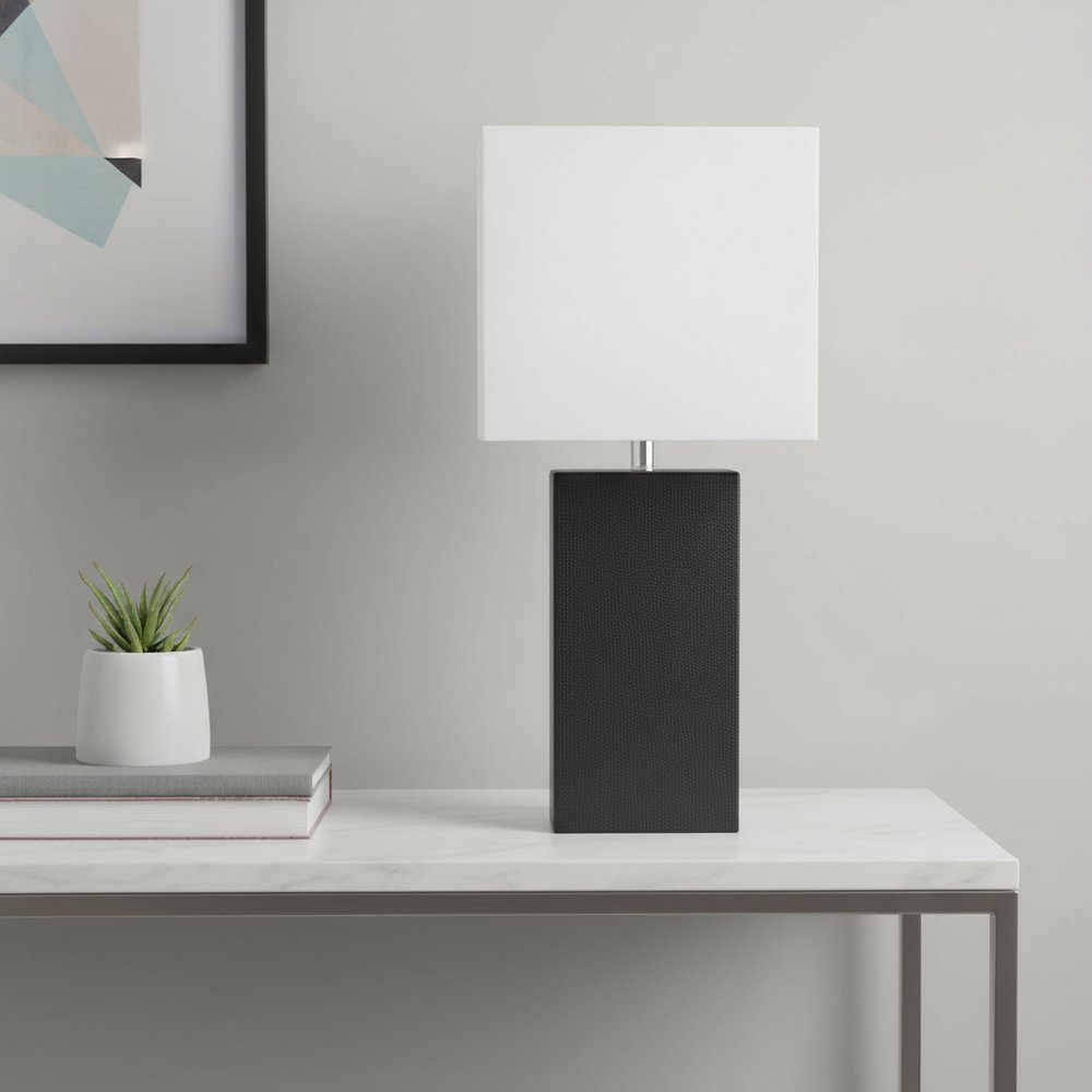 21" Brown Faux Leather USB Table Lamp With White Shade