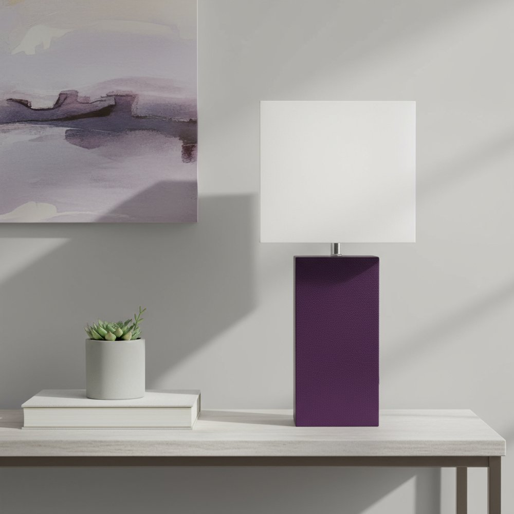 21" Eggplant Faux Leather USB Table Lamp With White Shade