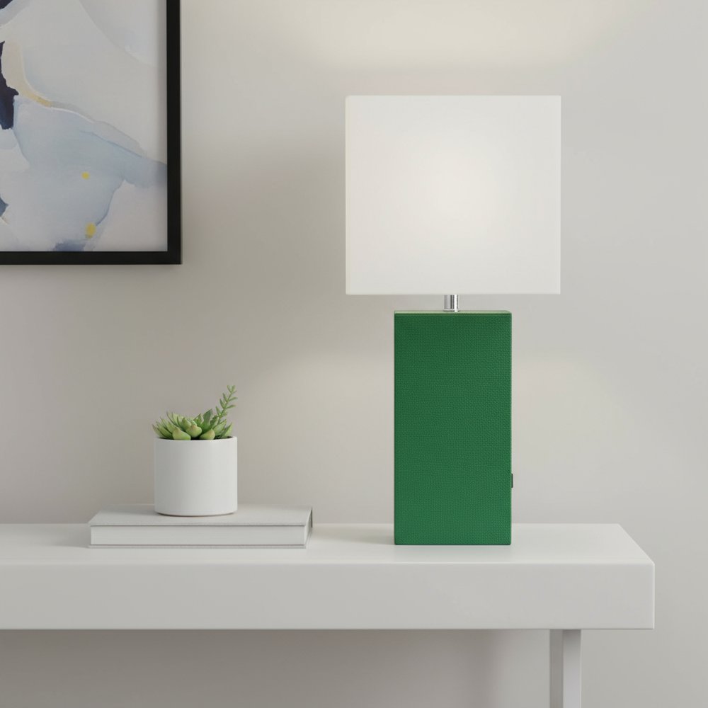 21" Green Faux Leather USB Table Lamp With White Shade