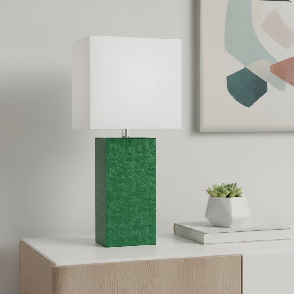 21" Green Faux Leather USB Table Lamp LED With White Shade