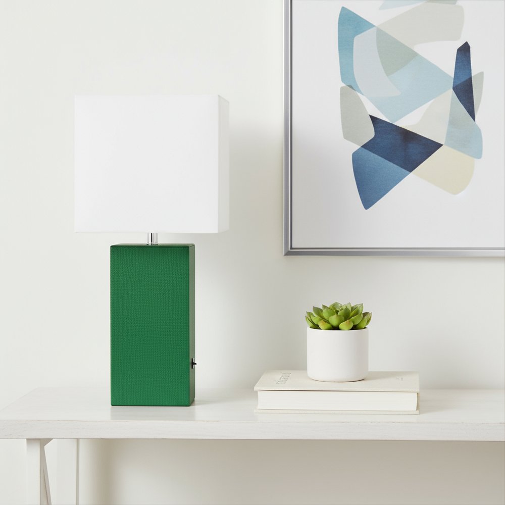 21" Green Faux Leather USB Table Lamp LED With White Shade