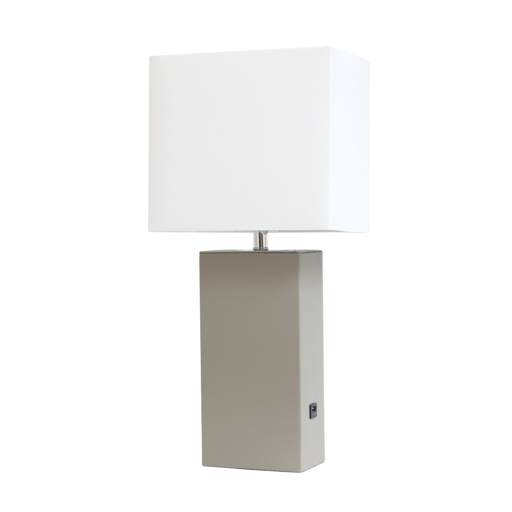 21" Gray Faux Leather USB Table Lamp With White Shade