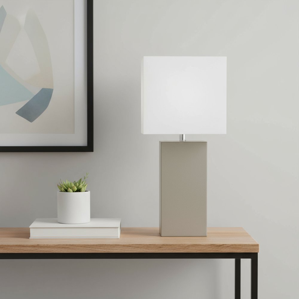 21" Gray Faux Leather USB Table Lamp With White Shade