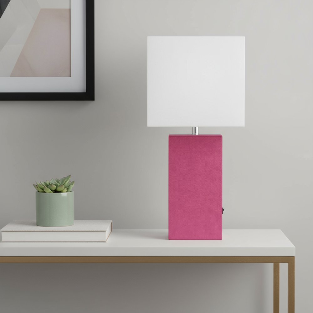 21" Hot Pink Faux Leather USB Table Lamp With White Shade