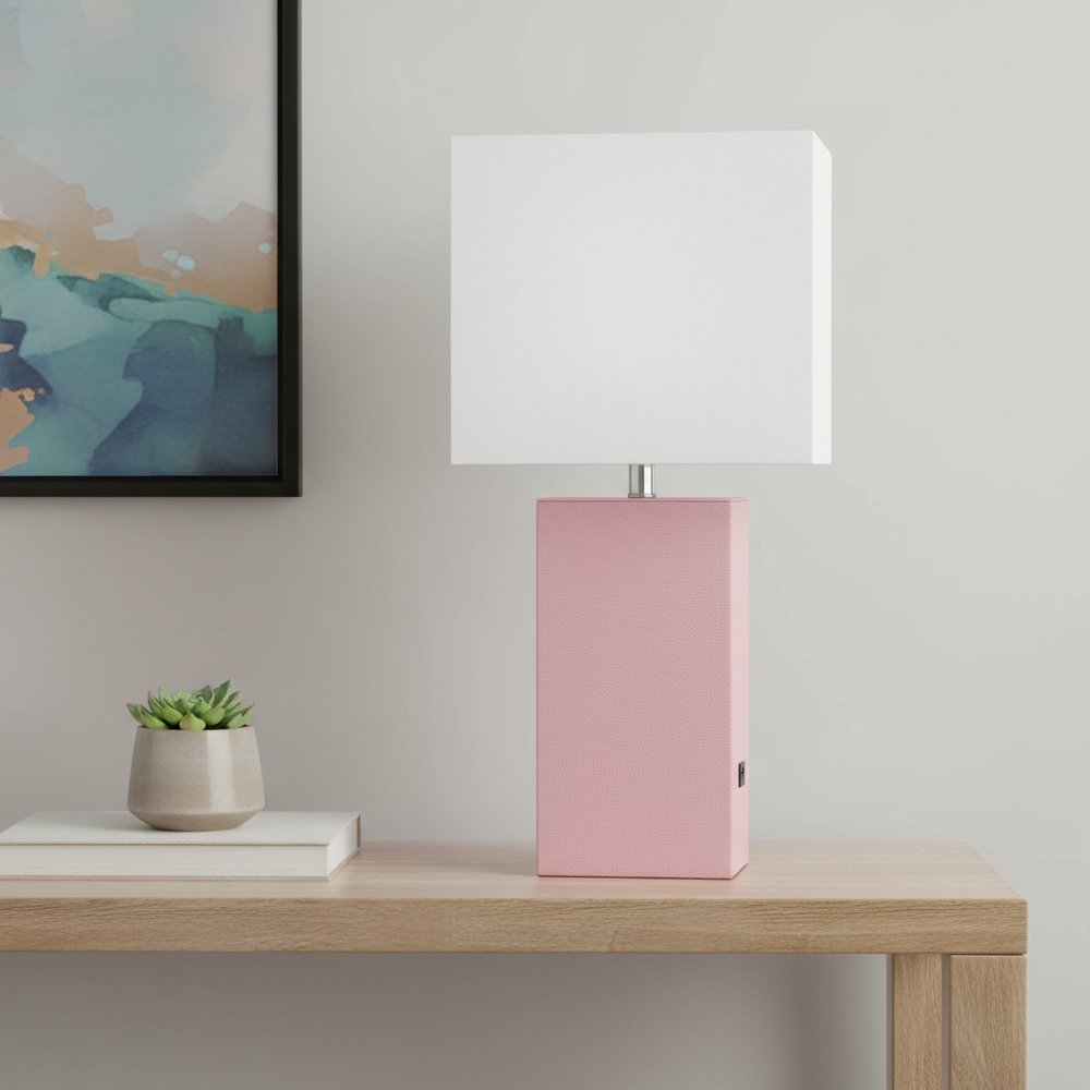 21" Pink Faux Leather USB Table Lamp LED With White Shade