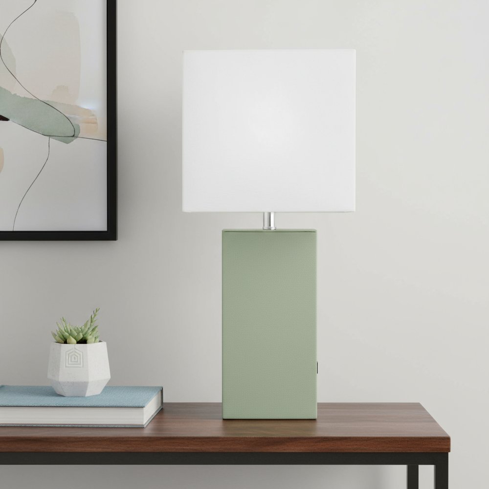 21" Sage Faux Leather USB Table Lamp LED With White Shade