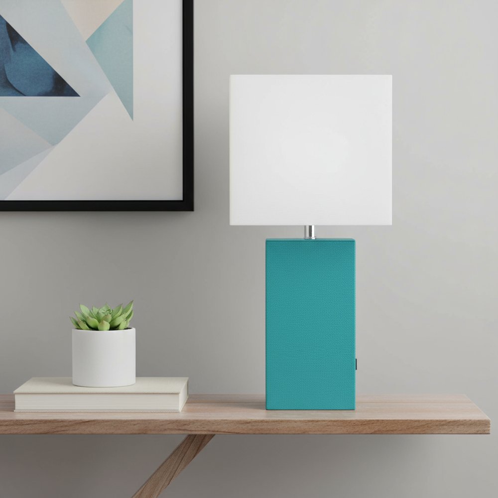 21" Teal Blue Faux Leather USB Table Lamp LED With White Shade