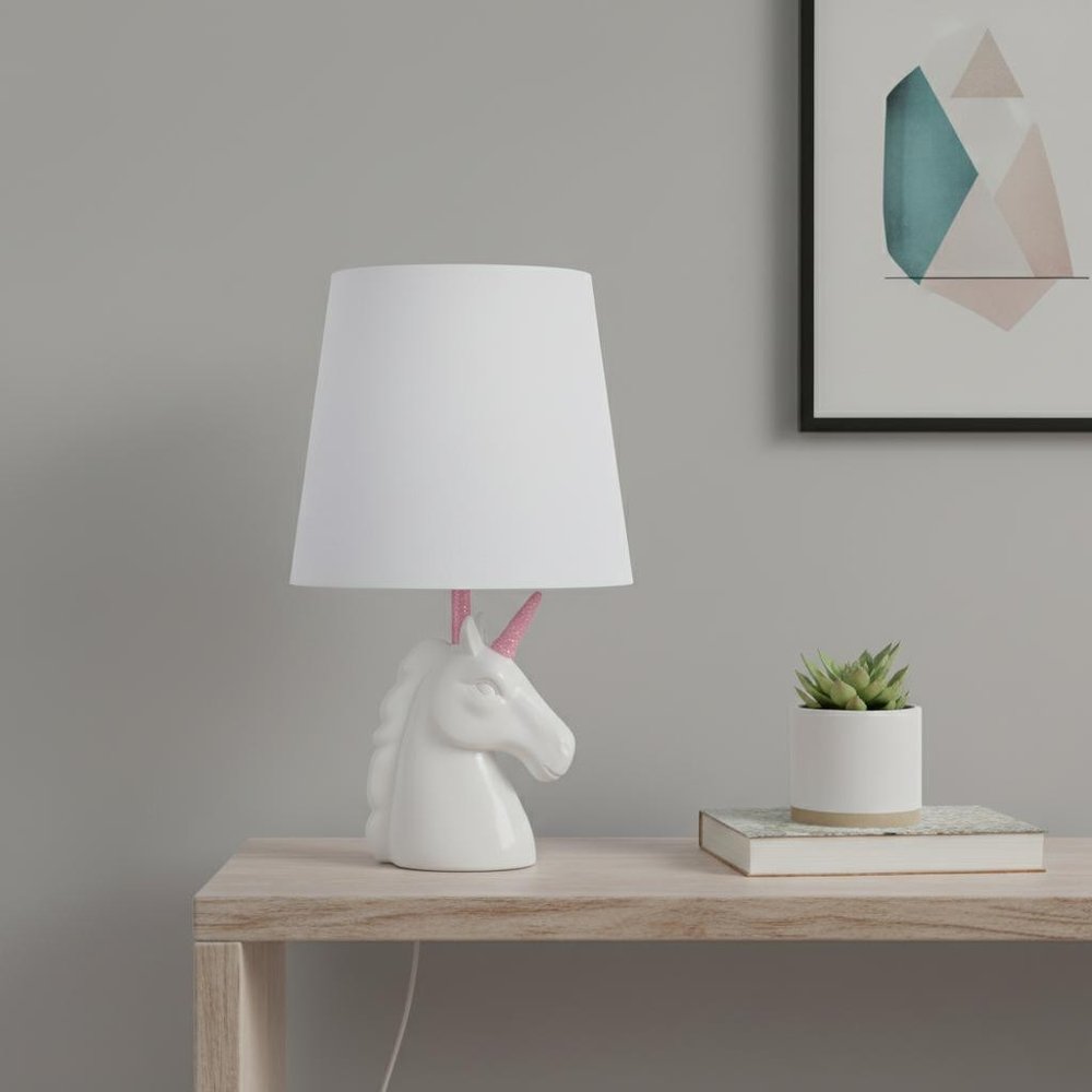 16" White Geometric Table Lamp With White Drum Shade