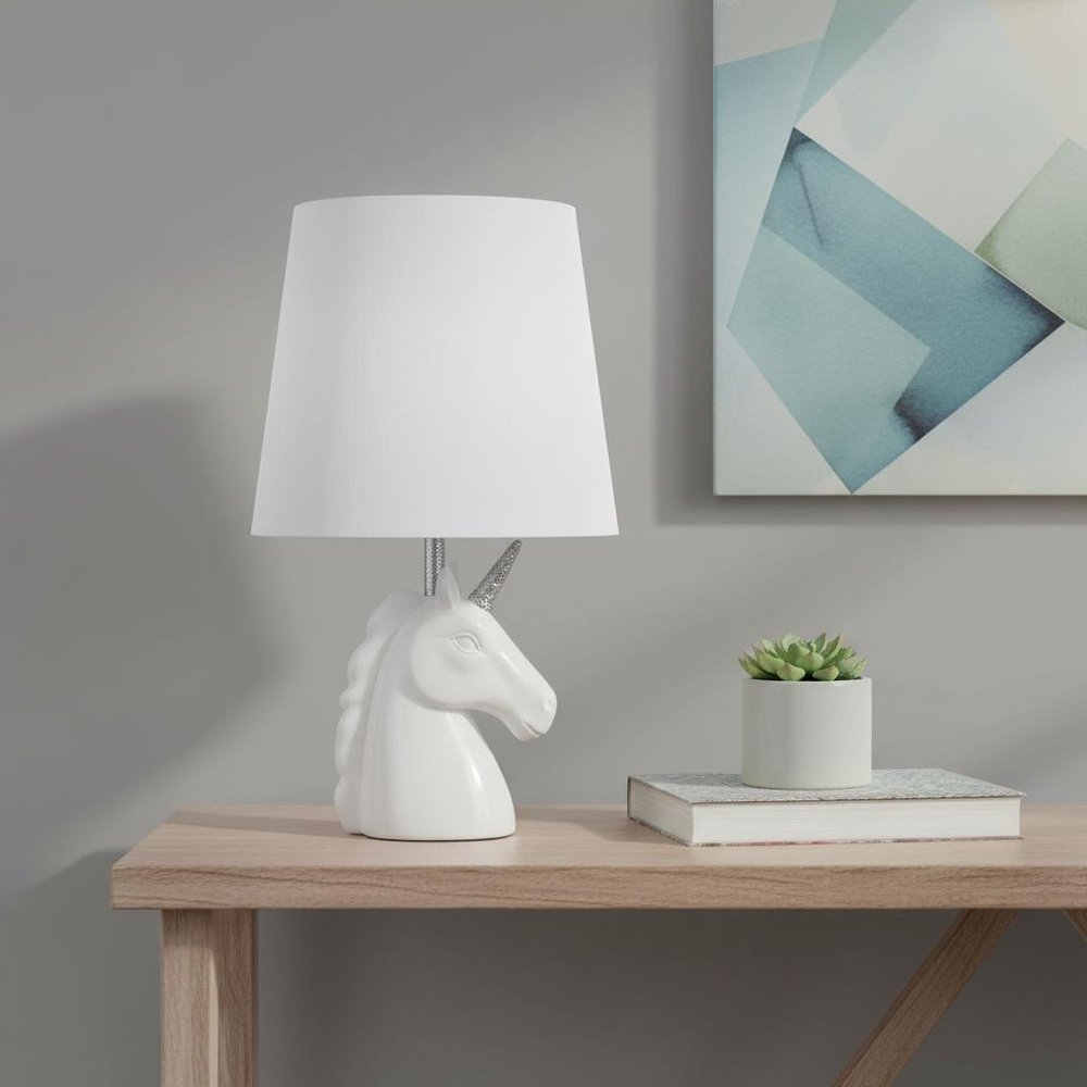 16" White And Silver Unicorn Table Lamp With White Drum Shade