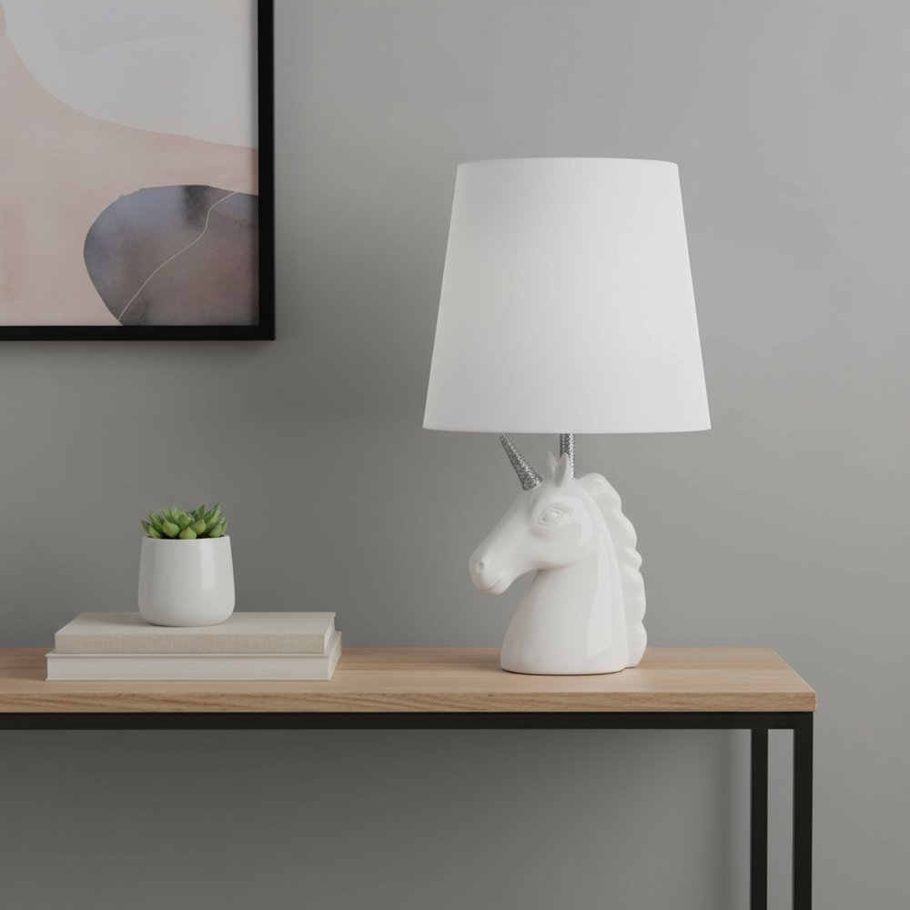 16" White And Silver Novelty Table Lamp LED With White Drum Shade