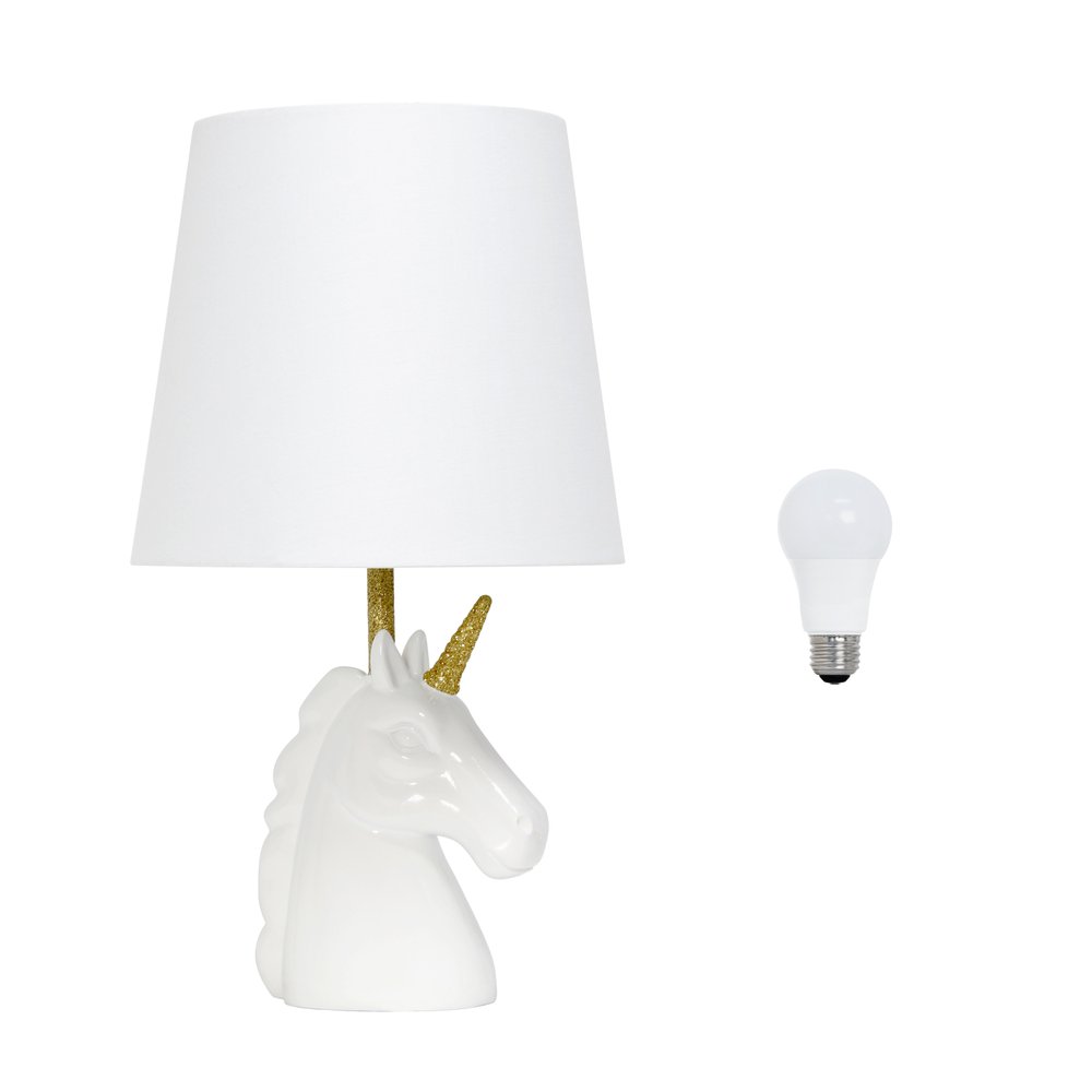 16" White And Gold Novelty Table Lamp LED With White Drum Shade