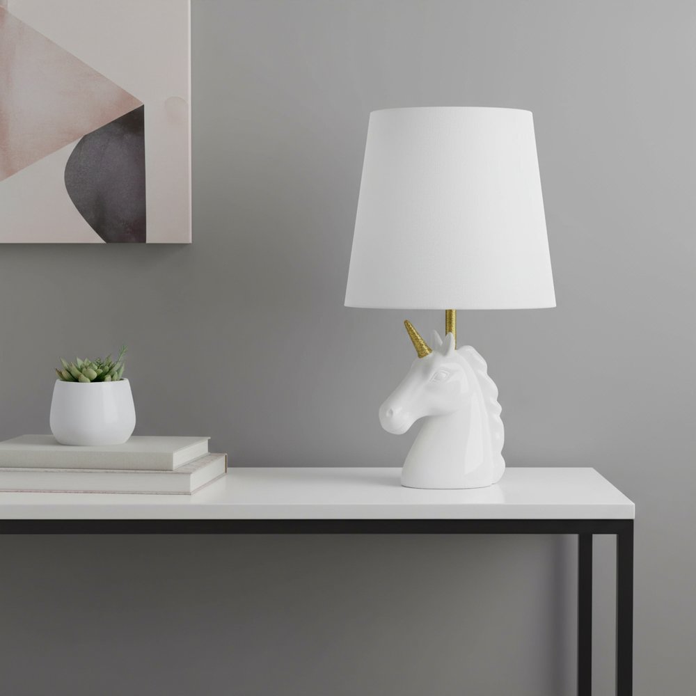 16" White And Gold Novelty Table Lamp LED With White Drum Shade