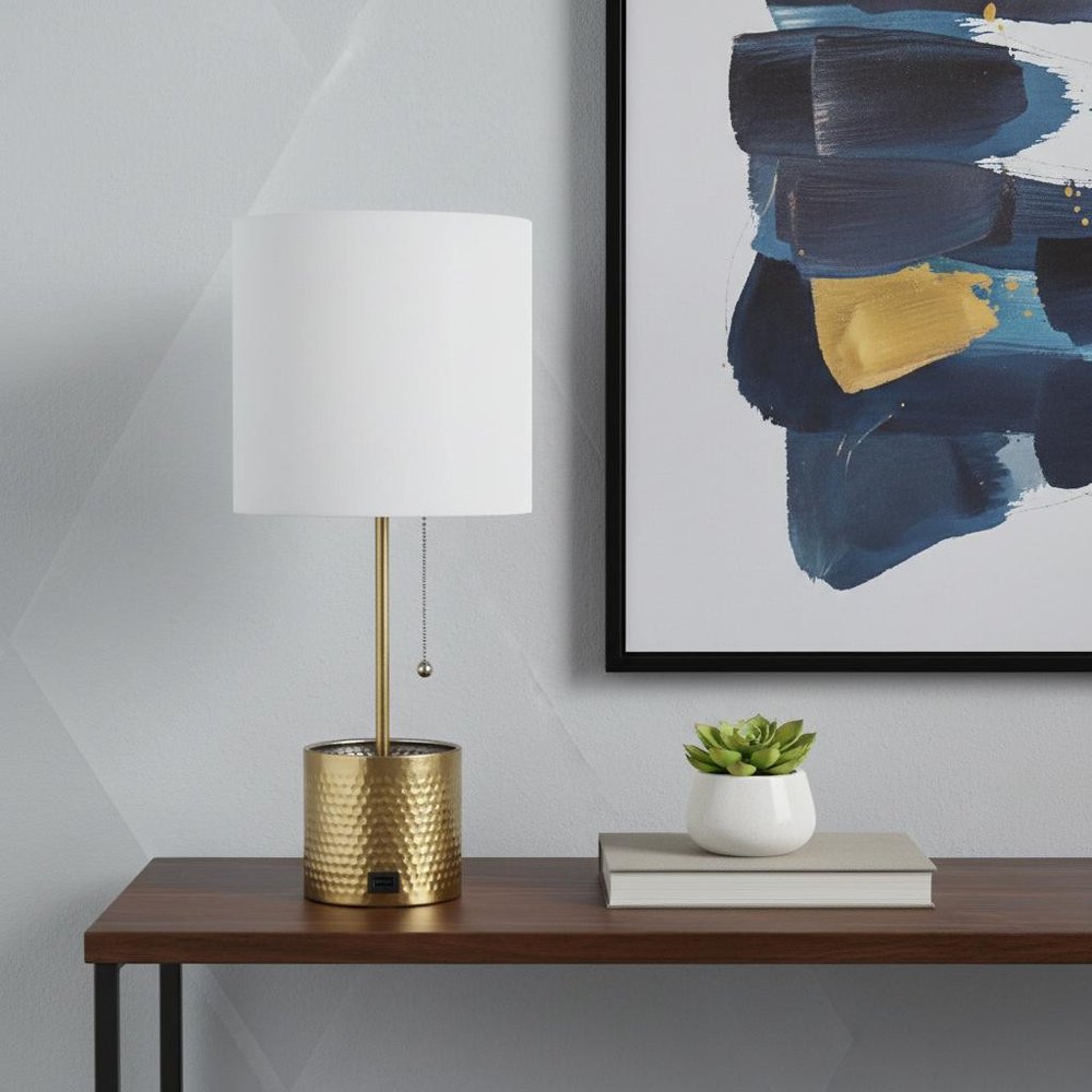 19" Gold Metal USB Table Lamp With White Drum Shade
