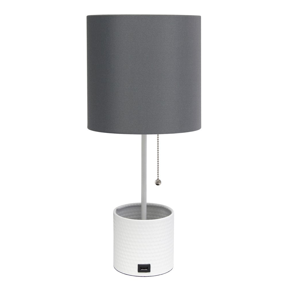 19" White Metal USB Table Lamp With Gray Drum Shade