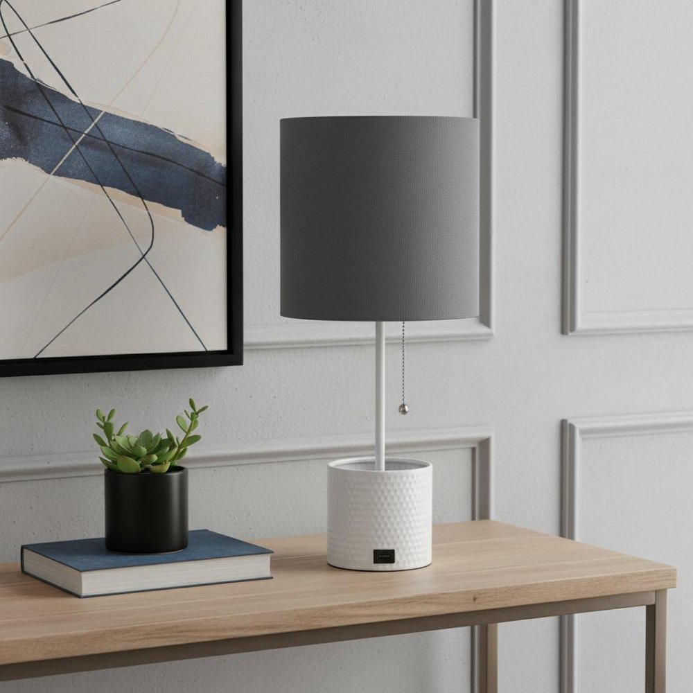 19" White Metal USB Table Lamp With Gray Drum Shade