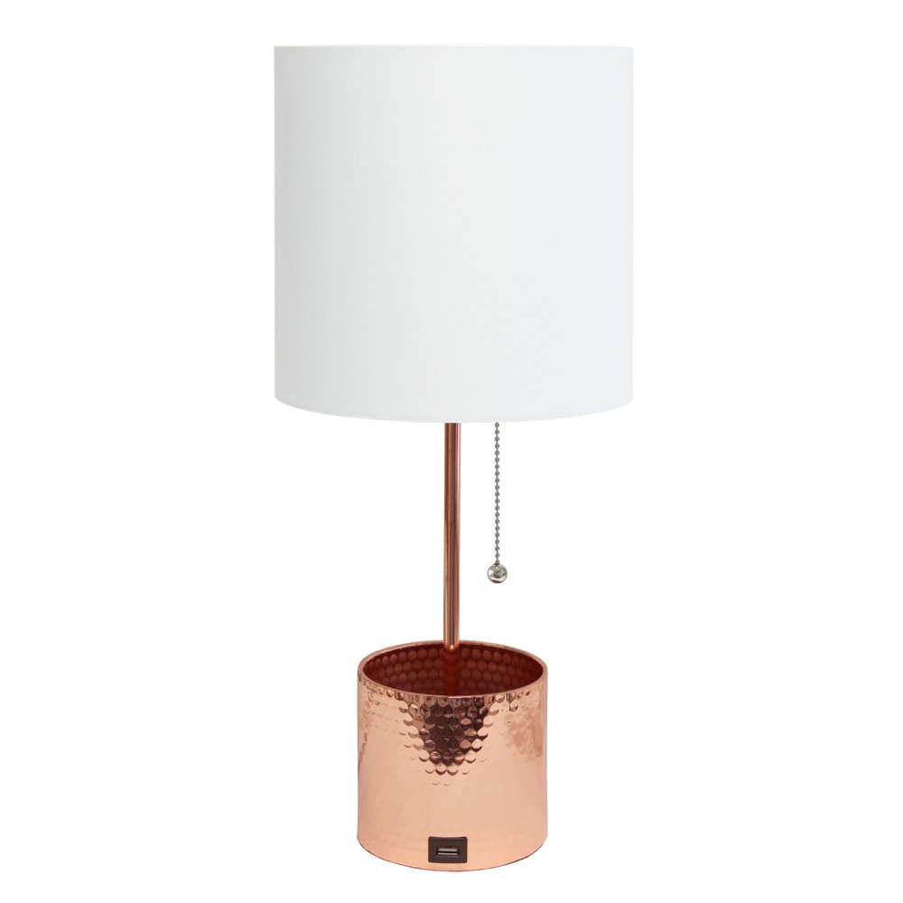 19" Rose Gold Metal USB Table Lamp With White Drum Shade