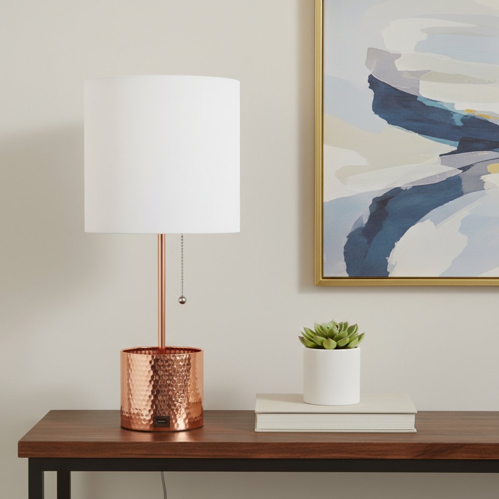 19" Rose Gold Metal USB Table Lamp With White Drum Shade
