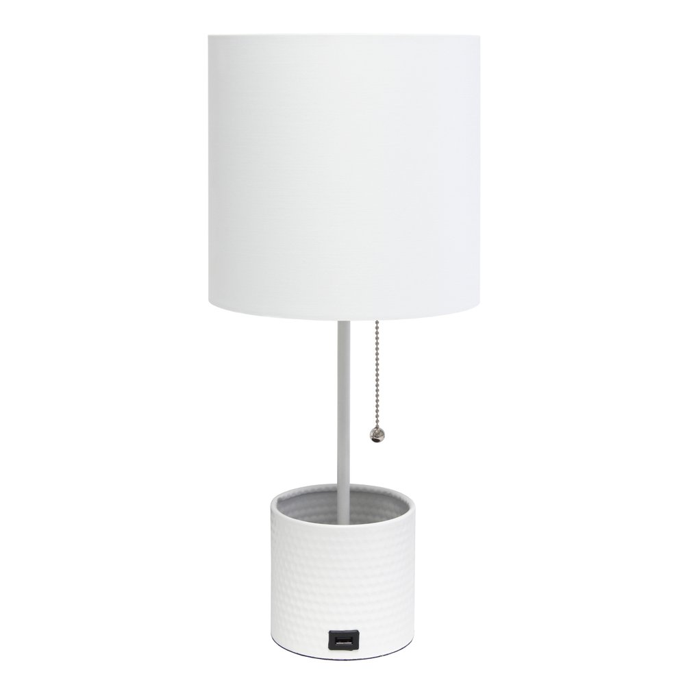 19" White Metal USB Table Lamp With White Drum Shade