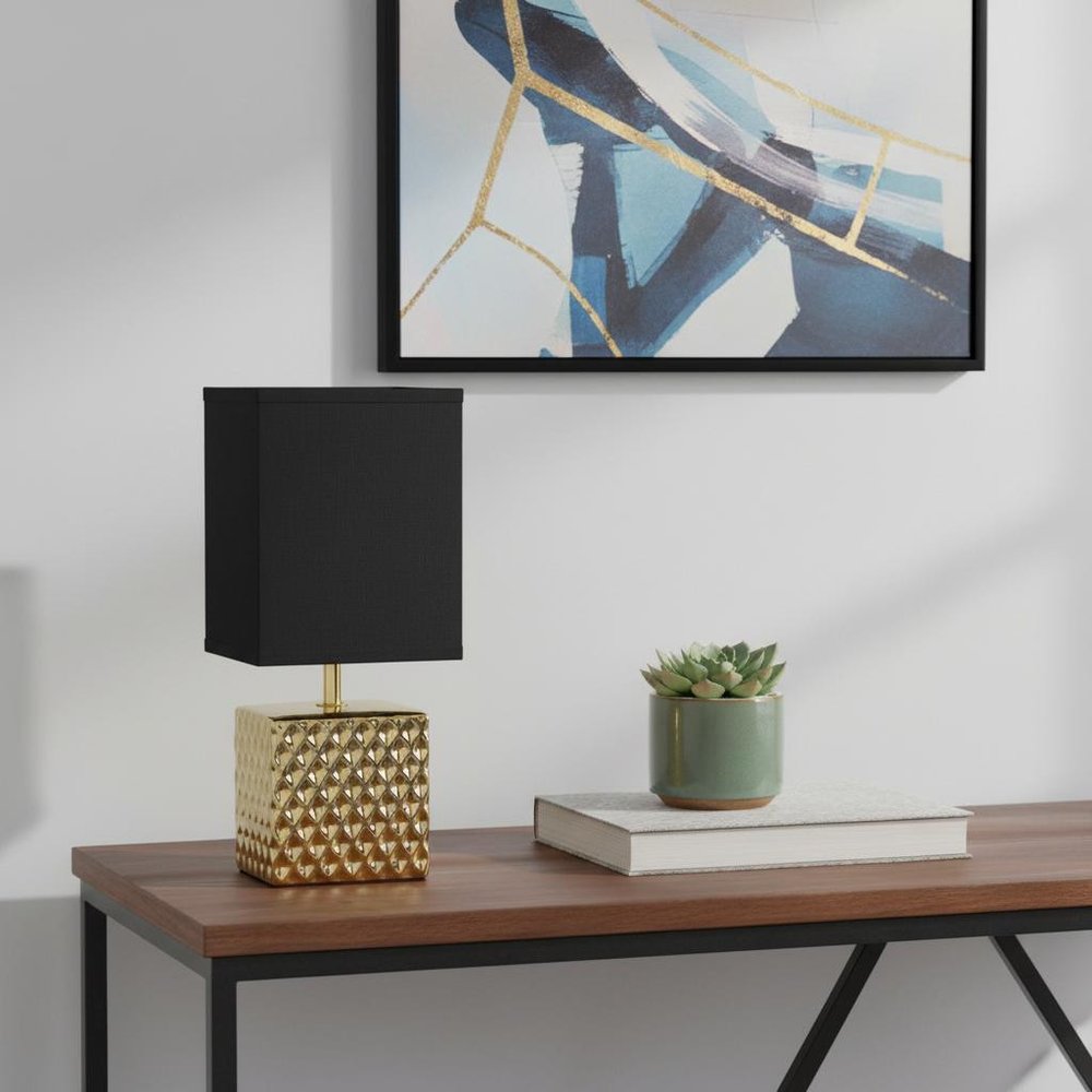 12" Gold Ceramic Table Lamp With Black Shade