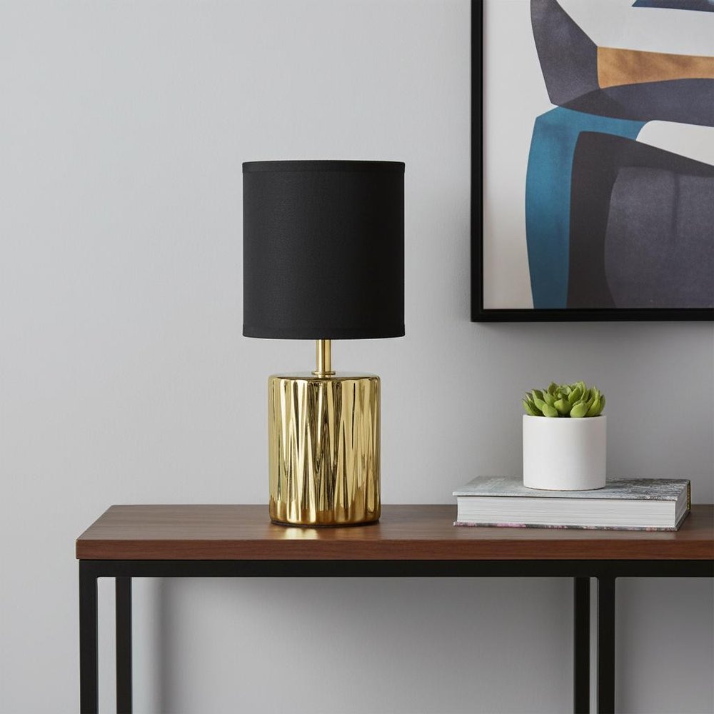 12" Gold Ceramic Table Lamp With Black Drum Shade
