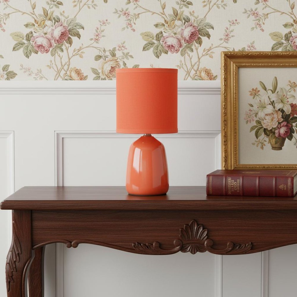 10" Orange Ceramic Round Table Lamp With Orange Drum Shade