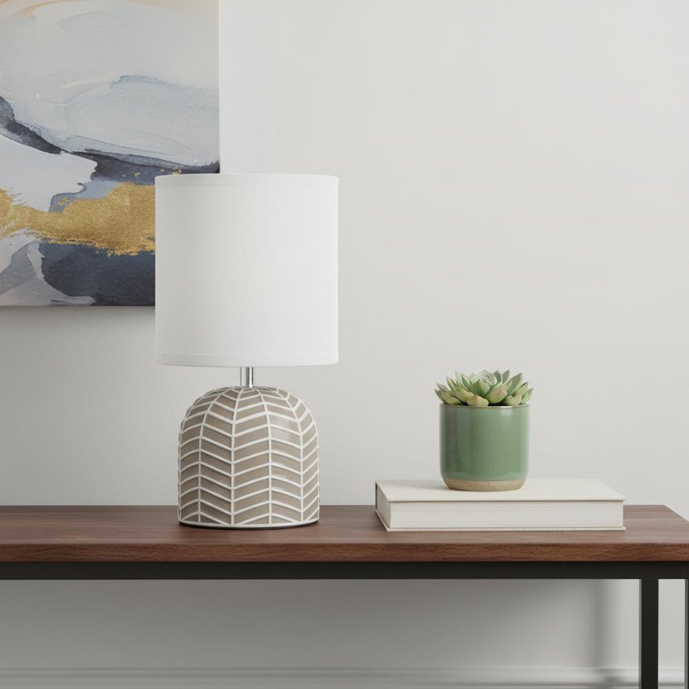 10" Taupe Ceramic Round Table Lamp With White Drum Shade