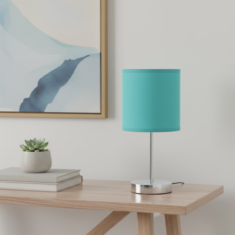 12" Silver Metal Table Lamp LED With Blue Drum Shade