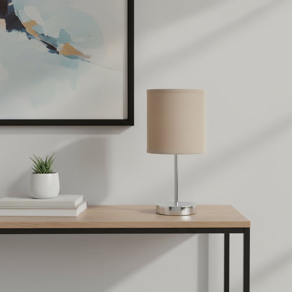 12" Silver Metal Table Lamp LED With Gray Drum Shade