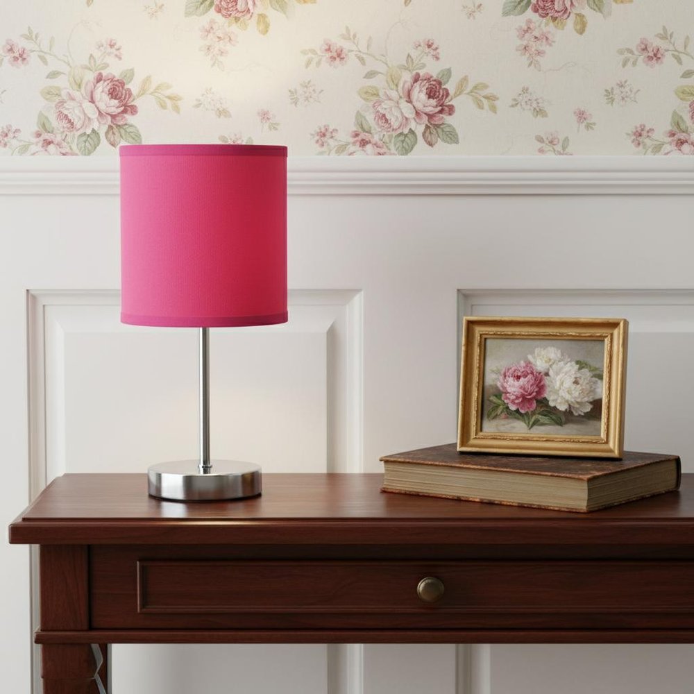 12" Silver Metal Table Lamp LED With Hot Pink Drum Shade