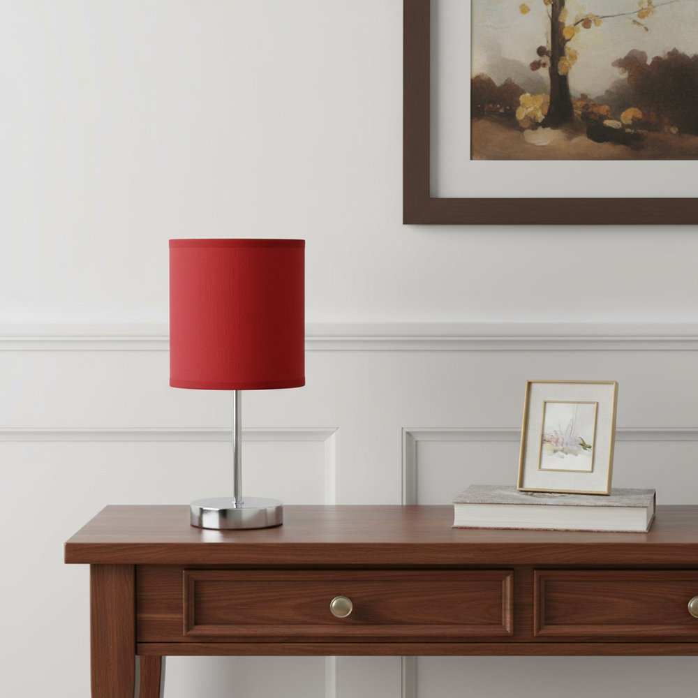 12" Silver Metal Table Lamp LED With Red Drum Shade