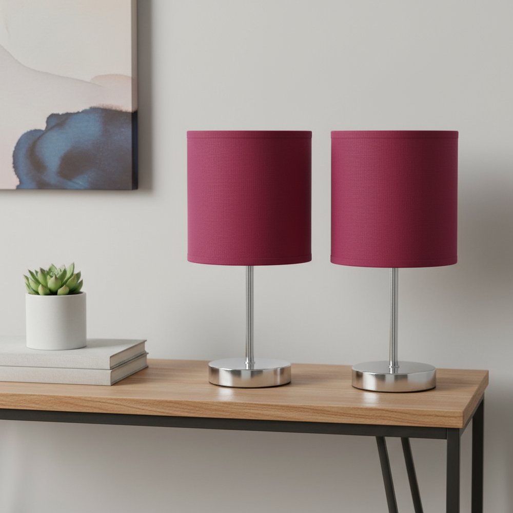 Set of Two 12" Silver Metal Table Lamp With Wine Drum Shade
