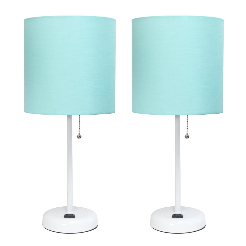 Set of Two 20" White Metal Table Lamp With Aqua Drum Shade